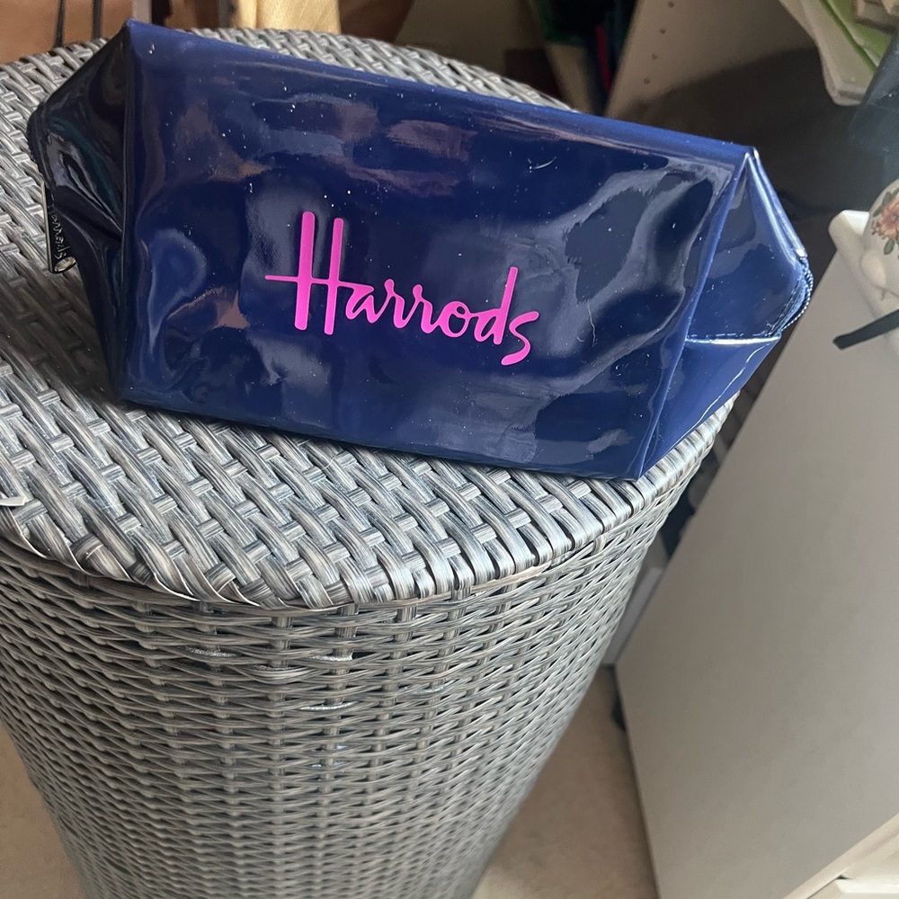 Harrods Glossy Blue Pouch with Pink Logo